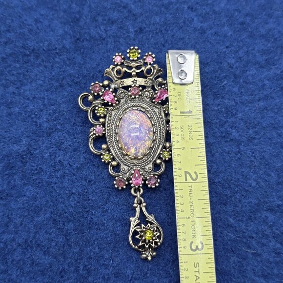 Vintage Sarah Coventry Contessa Brooch Pendant Pin Filigree Crown Pink Opal - Picture 6 of 6